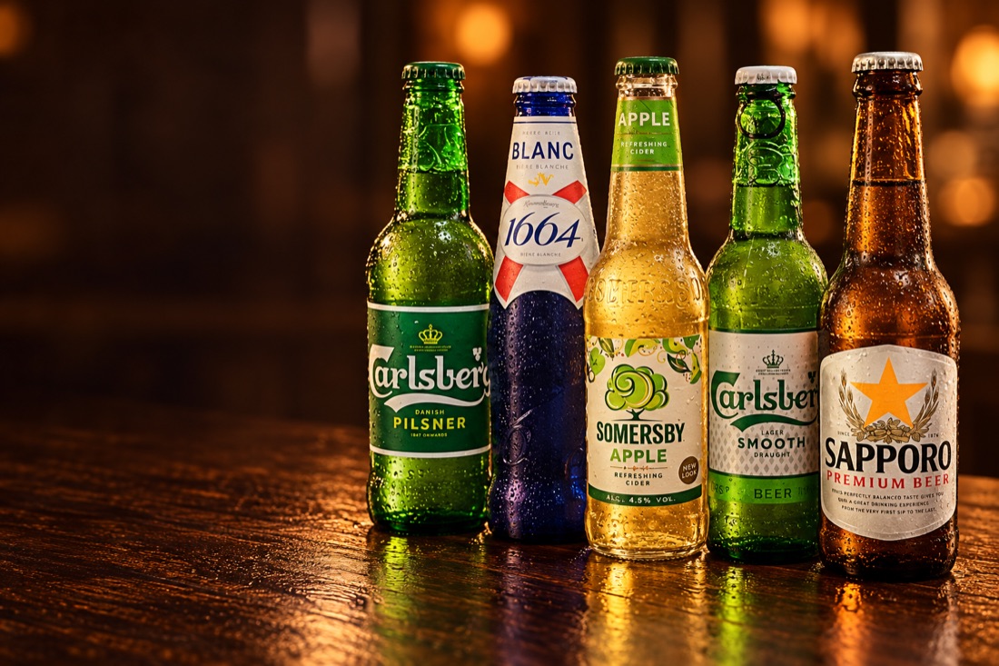 Cottage Bistro's five bottled drinks: Carlsberg Pilsner, 1664 Blanc, Somersby Apple, Carlsberg Smooth Draught and Sapporo